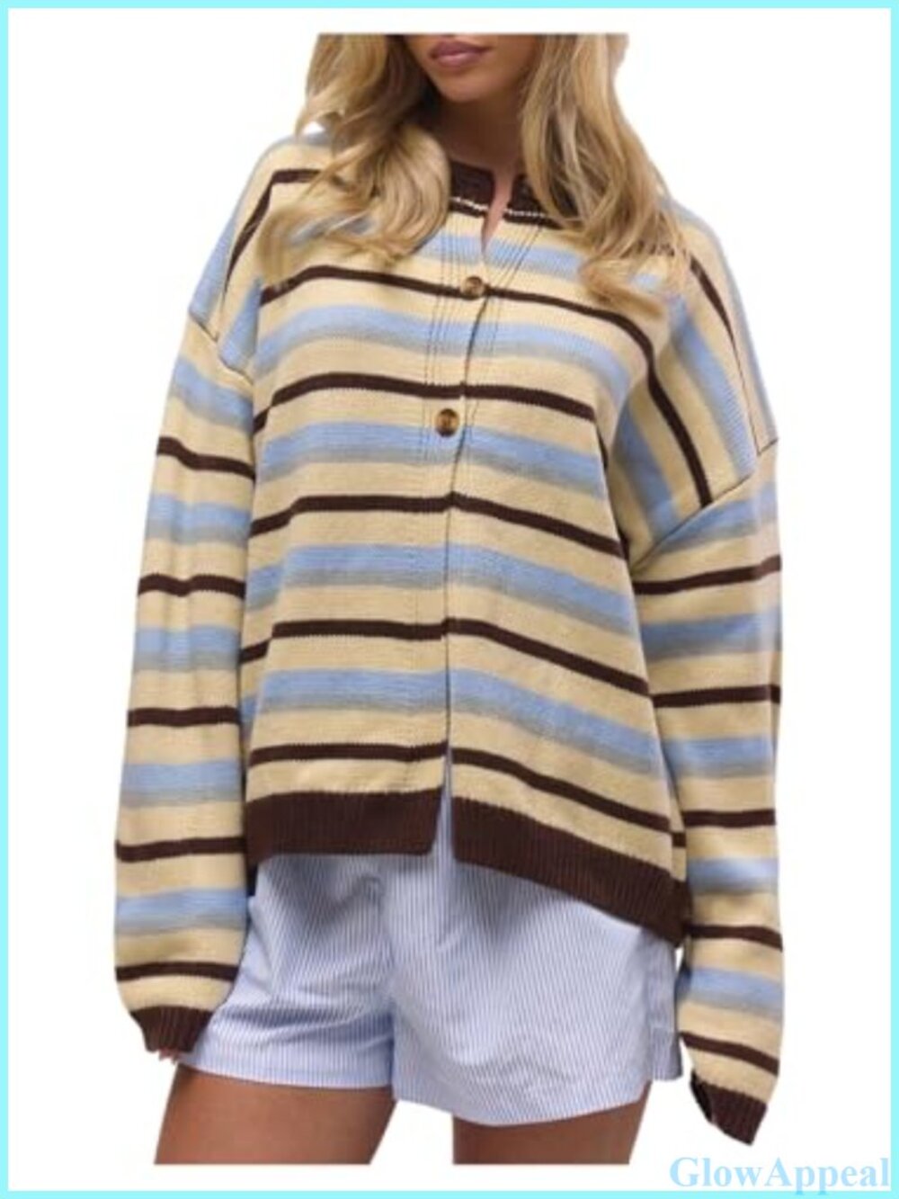 Striped Button Up Knit Cardigan Lightweight Long Sleeve Crewneck Fall Sweater